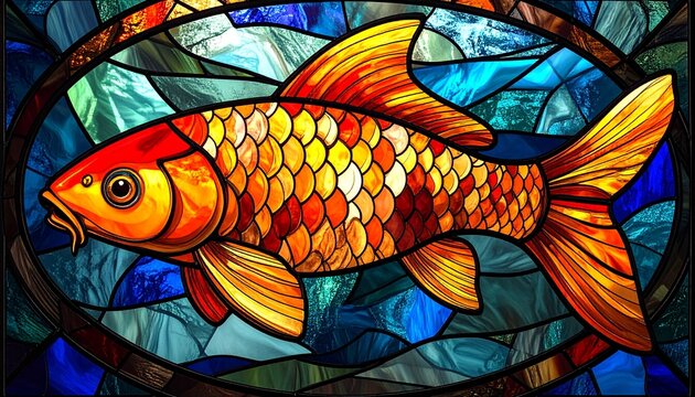Vibrant Koi Fish Stained Glass Art with Colorful Mosaic Water Background