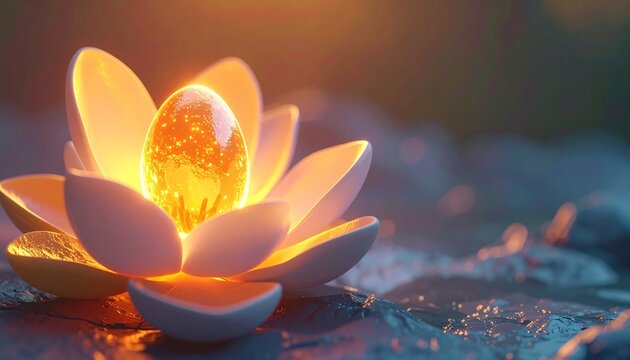 Glowing Golden Seed Resting in White Lotus Flower Possibility and Growth Concept