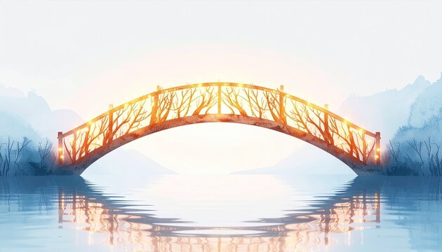Glowing Arched Bridge Over Calm Water Connection and Harmony Concept