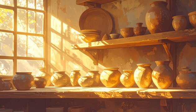 Handmade Clay Pottery Jars on Wooden Shelf in Sunlit Workshop Craft Studio Concept