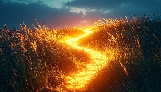 Glowing Golden Path Winding Through Tall Grass at Sunset Journey Concept