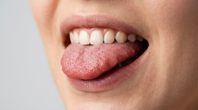 Close-up of person's mouth showing teeth and tongue lips