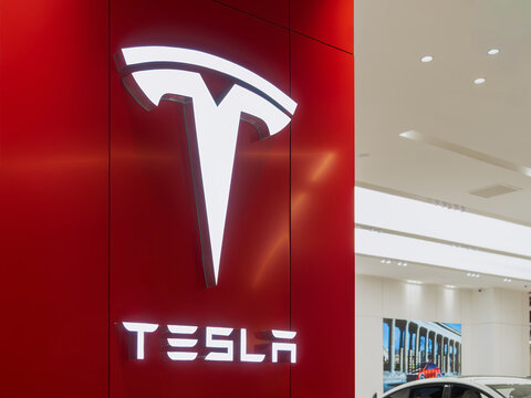 Tesla Logo sign Automotive electric Car sale gallery TSLA : Bangkok, Thailand- Jul 21, 2026 