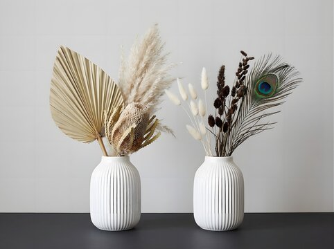 Two white ribbed vases with dried flowers and peacock feather