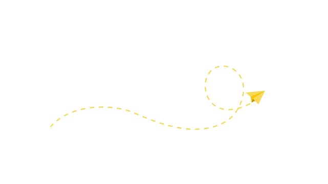 Animated yellow paper airplane flying along a dashed path on a white background. Bright and clean graphic for travel, business startup, and messages.