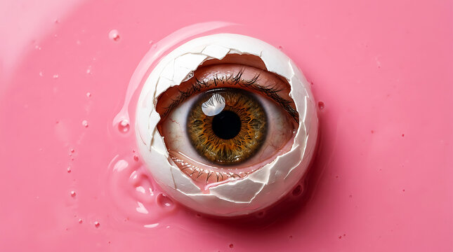 Eye peering through cracked brown eggshell in pink background
