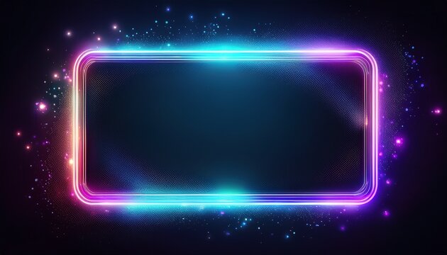 glowing rectangular frame with neon light gradient and sparkling particles against a dark background