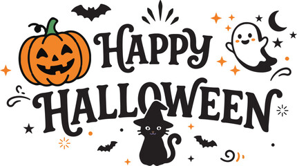 Happy halloween greeting card design with pumpkin ghost and cat © Nasrin