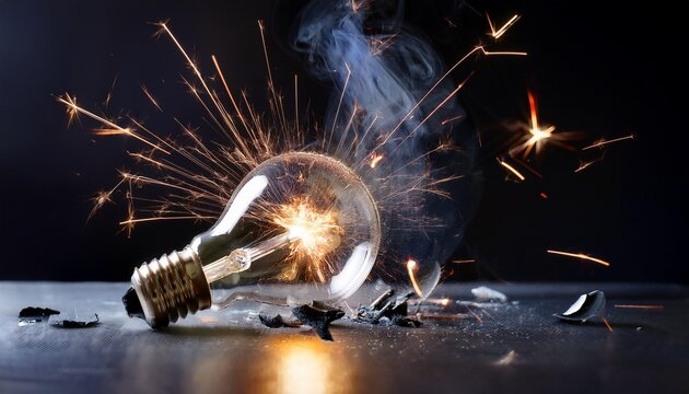broken light bulb with smoke and sparks representing failures and creative ideas lost in the process of innovation and discovery