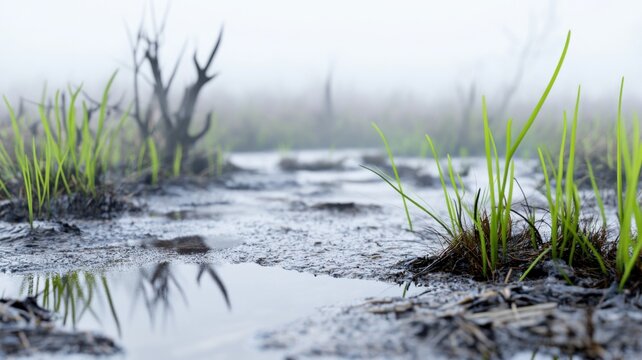Foggy early spring wetland with semi-frozen ground and misty atmosphere