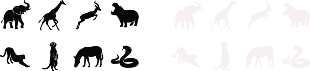 Professional African Safari Animal Silhouettes Set Featuring Diverse Wildlife Vector Graphics For Commercial Projects © MstRupali