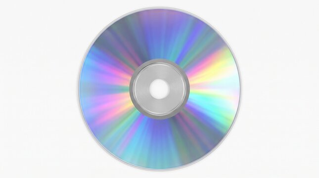 Blank CD disc with rainbow holographic reflection. Empty optical storage media for data backup and music recording.