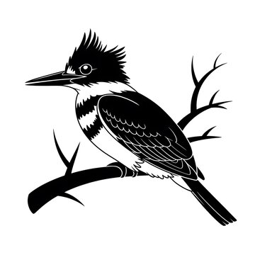 Black and white illustration of a kingfisher bird perched on a tree branch isolated on white background