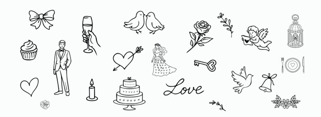 Obraz premium Hand drawn Valentine and wedding doodle set. elegant romantic vector illustration, doodle, february, decor, wine,