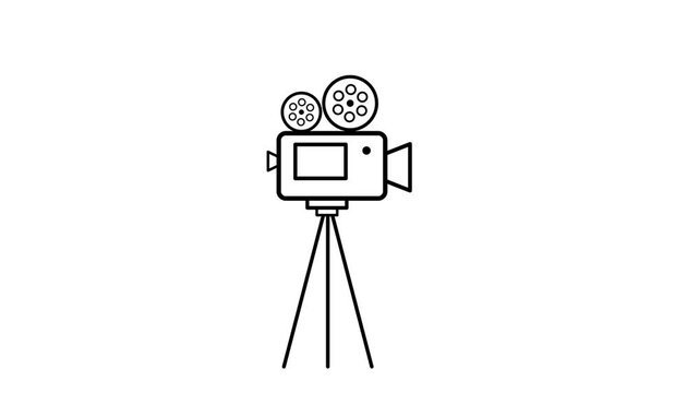 Animated vintage movie camera on tripod loop on green screen and white background for film production, cinema, Hollywood, and video editing asset.