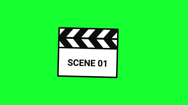 Animated movie clapperboard clacking scene 01 loop on green screen background for film production, cinema action, video editing, and transition asset.