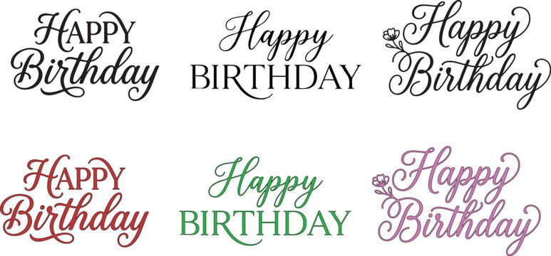 Collection of six different happy birthday typography designs for cards