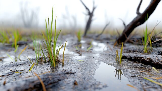 Early spring fog over semi-frozen wetland with partially thawed water surfaces