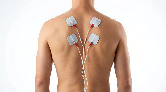 Man with tens unit pads on back for pain relief