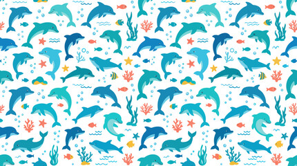 Fototapeta premium Ocean Marine Life Flat Illustration Seamless Pattern with Blue Dolphins, Fish, and Coral in Cute Cartoon Style