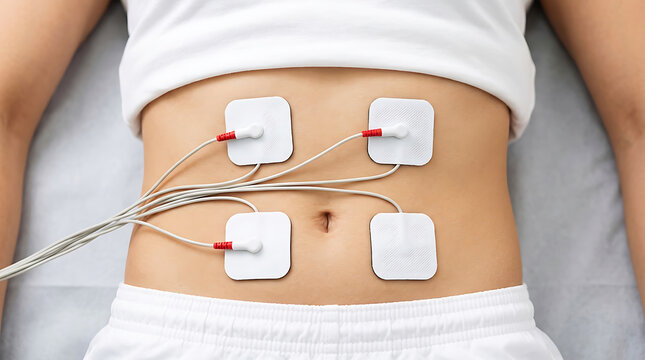 Person with ems electrodes attached to abdomen, close-up