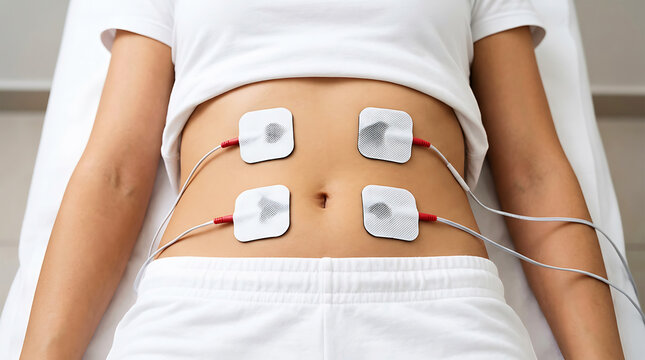 Person with ems electrodes on abdomen for muscle stimulation