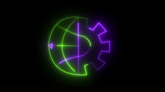 glowing neon globe and gear icon isolated on black background, representing engineering, development, automation, manufacturing, industrial technology, and innovation , 