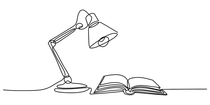 Minimalist continuous line drawing of a desk lamp illuminating an open book on a flat surface representing education and study in a simple style Vector, illustration