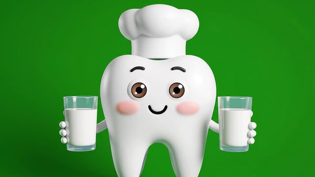 A cute 3D rendered cartoon tooth character wearing a chef's hat and holding two glasses of milk, promoting dental health and strong bones against a vibrant green background.
