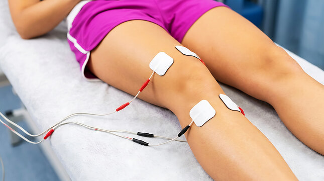 Person with tens electrodes on back and shoulders woman