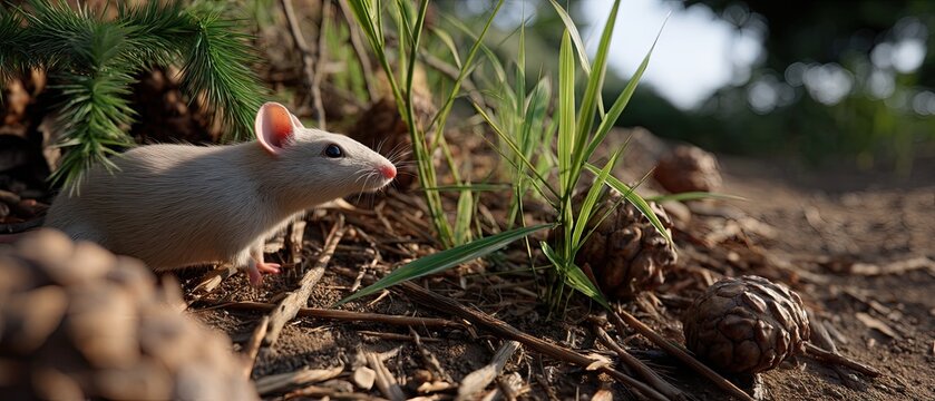 Cute little white mouse with big blue eyes explores the forest floor among pine cones and grass in bright daylight