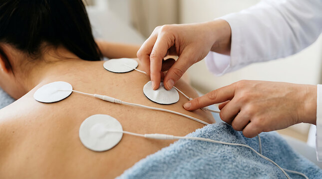 Practitioner applies tens electrodes to patient's back