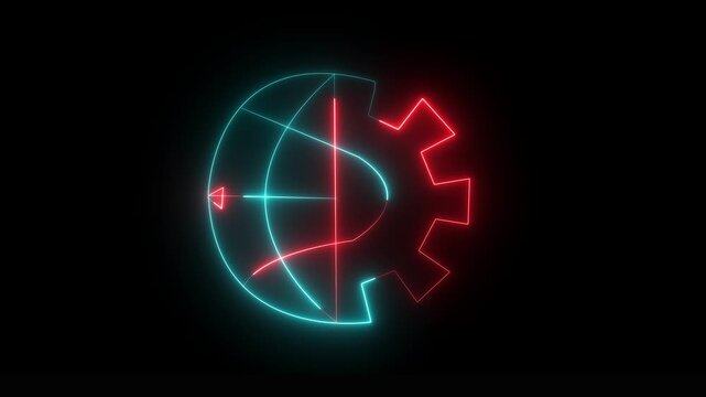 glowing neon globe and gear icon isolated on black background, representing engineering, development, automation, manufacturing, industrial technology, and innovation , 4k video.