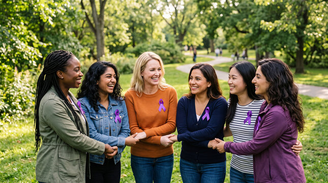 Diverse group of women holding hands and smiling in a park wearing purple awareness ribbons