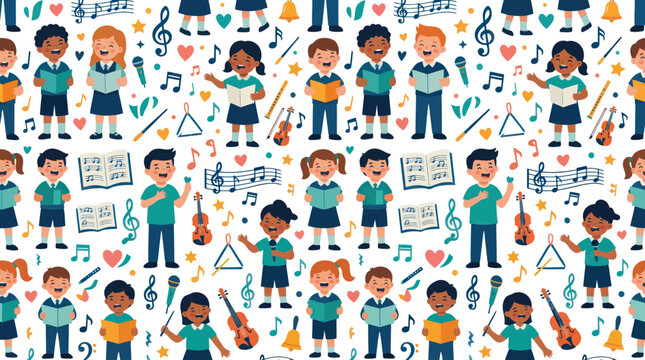 Children singing choir music, reading sheet music, playing violin, school flat vector art
