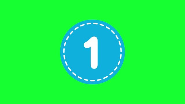 Animated number 1 in blue circle badge loop on green screen background for top 1 ranking, countdown, kids education, and motion graphics asset.