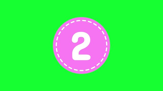 Animated number 2 in pink circle badge loop on green screen background for second place, countdown, kids education, and motion graphics asset.