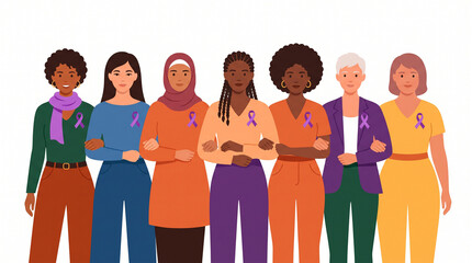 Obraz premium Diverse group of women standing together arm in arm wearing purple ribbons for awareness and support