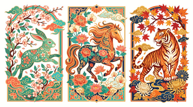 Triptych zodiac animal wall art. Decorative astrology poster set with horoscope symbols.