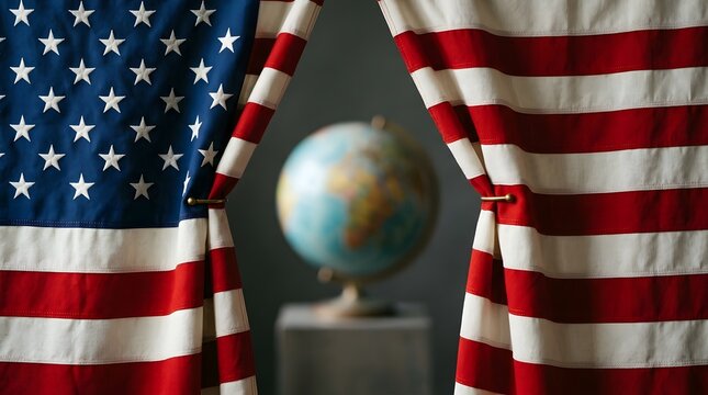 Conceptual shot of two American flag curtains opening to reveal a blurred world globe background