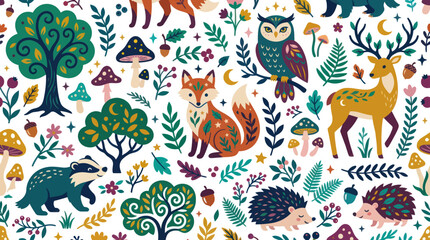 Naklejka premium Whimsical Forest Animals and Nature Seamless Pattern Flat Vector Art