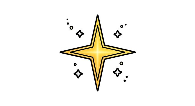 Golden star symbol with black outline and smaller stars and dots on transparent background