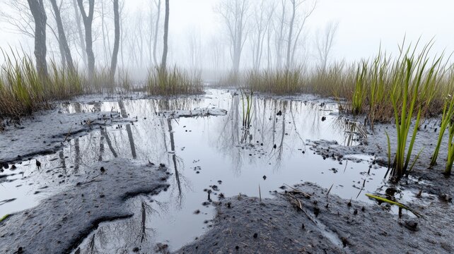 Foggy early spring wetland with semi-frozen landscape in misty morning light