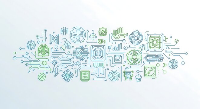 Modern abstract circuit board schematic illustration with interconnected electronic components and pathways
