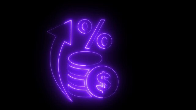glowing neon money inflation icon isolated on black background. representing inflation and financial growth, featuring a stack of coins with an upward curving arrow. 4k video .