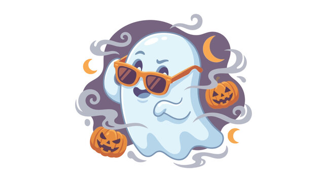 Cute Cartoon Ghost Wearing Sunglasses with Pumpkins for Halloween Celebration