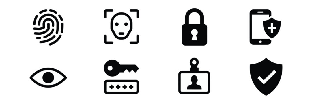 Digital security icons vector illustration featuring fingerprint authentication, face recognition, password access, secure mobile, identity badge, and shield verification symbols.