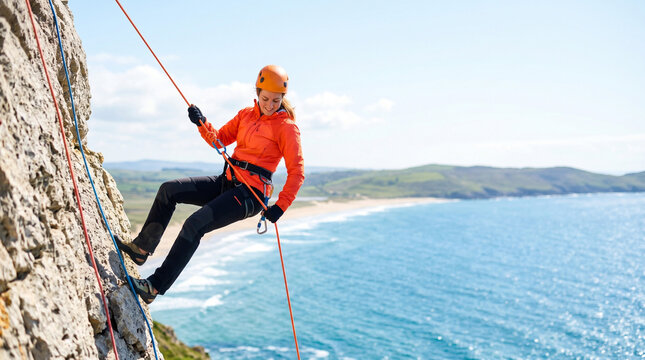 Woman rappelling down cliff in bright orange gear by the ocean  