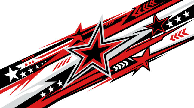 Abstract Racing Car Wrap Graphic Design with Stars and Dynamic Geometric Shapes in Red and Black