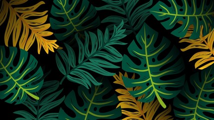 Elegant Tropical Monstera and Palm Leaves Seamless Pattern on Black Background, Exotic Botanical Jungle Foliage Vector Illustration for Fabric, Wallpaper, Textile, Wrapping Paper, and Surface Design © Prayogo